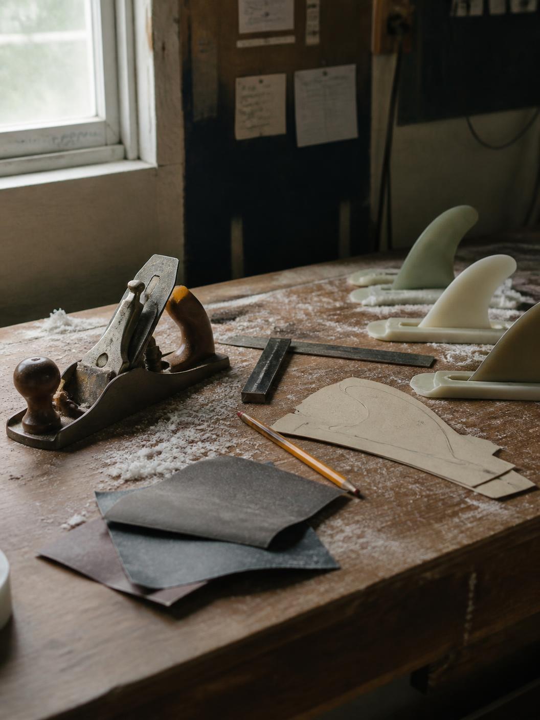 Hand planer, templates, sandpaper and fins on a foam-dusted workbench