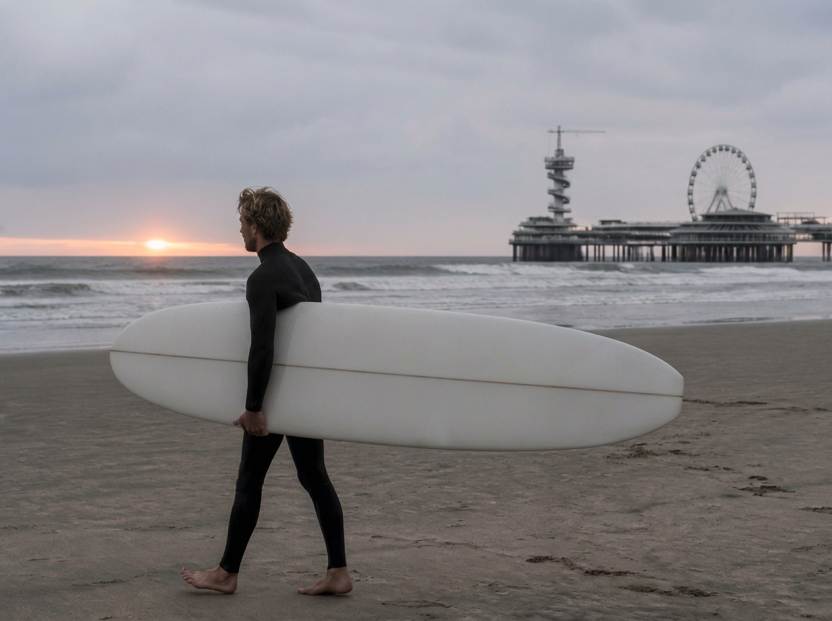 A surfer carrying a pristine white longboard across the beach towards the Scheveningen pier at dusk