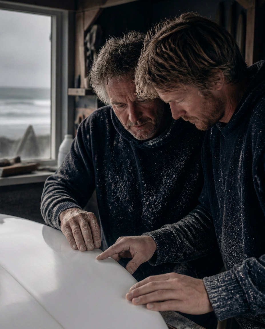 A father teaching his son to shape a surfboard in their Dutch coastal workshop