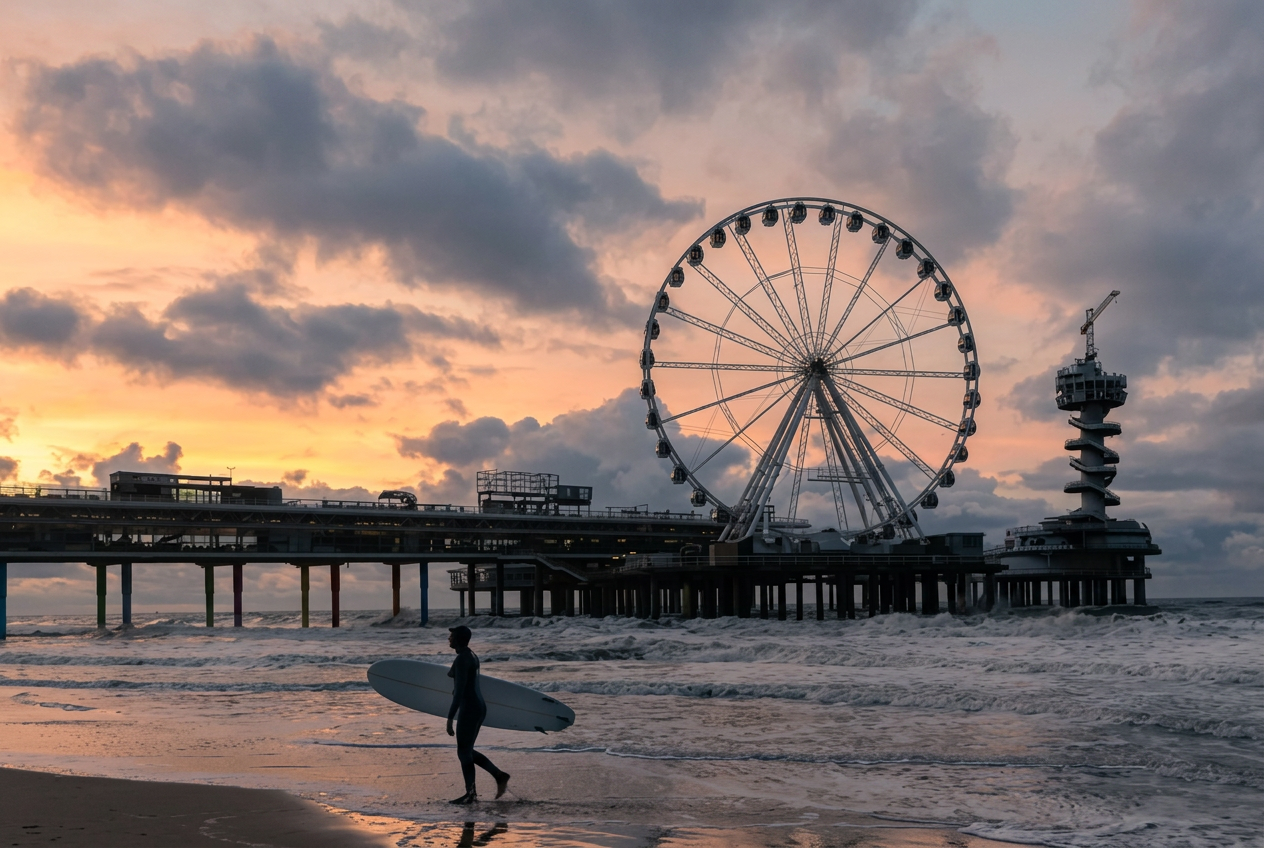 A surfer silhouetted against a fiery sunset carrying a surfboard along the Scheveningen beach, with the pier, Ferris wheel and lookout tower behind