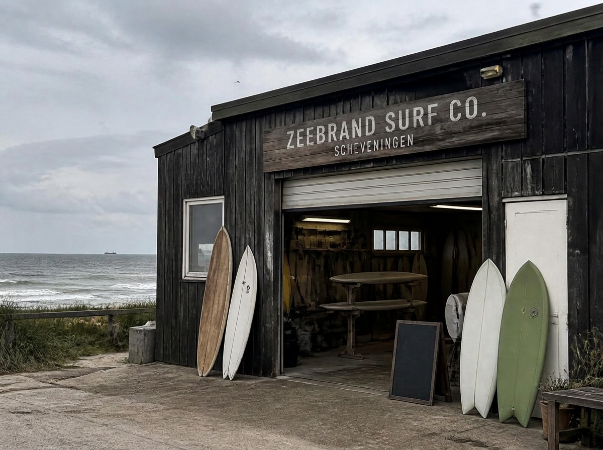 The Zeebrand workshop, a black timber shed in the Scheveningen dunes with surfboards leaning outside